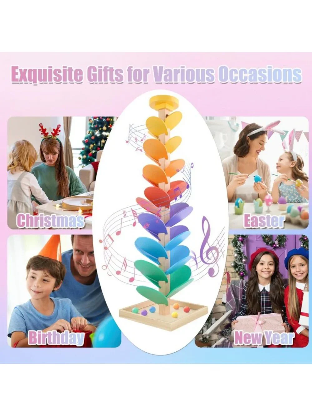 Wooden Marble Run Music Tree Toy | Montessori Learning Game for Kids 3+ | Color